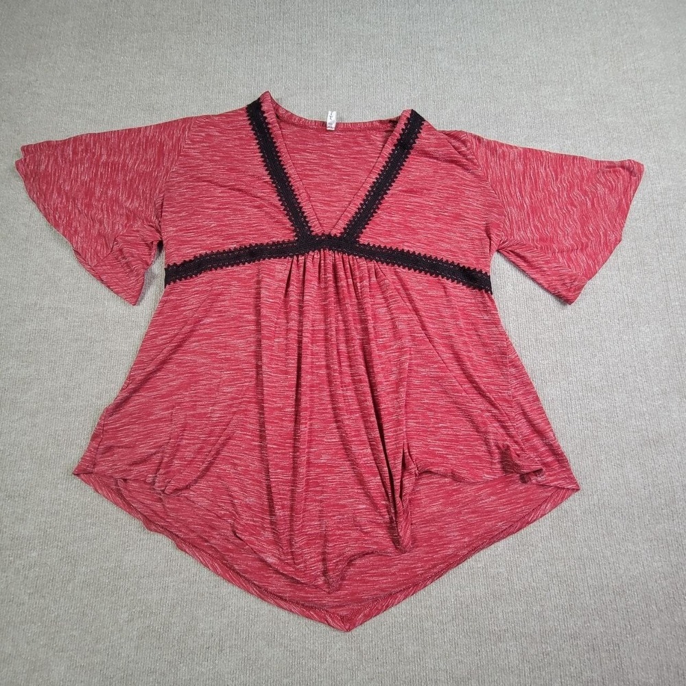 Rosegal Blouse Womens 3X Pink Black Crochet Trim Bell Sleeve Babydoll Tunic Top‎